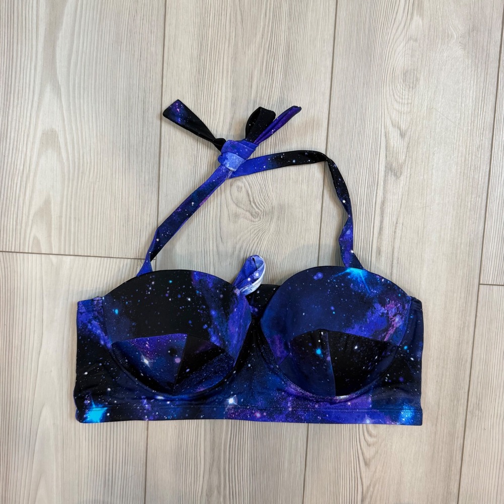 Midnight Hour Galaxy Print Halter Bikini Top Purple Blue Nebula Underwire Size 1
